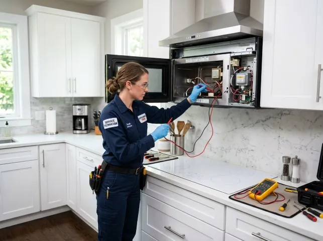 Appliance Repair Hero technician testing an over-the-range microwave in a Bothell, WA kitchen