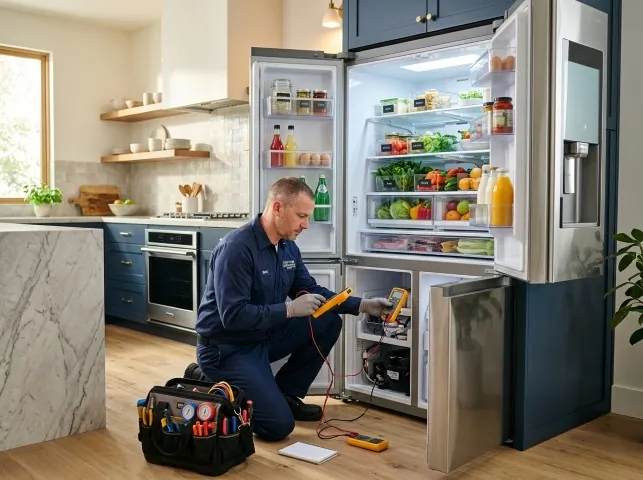 Appliance Repair Hero refrigerator technician testing a fridge on a Bothell, WA service call